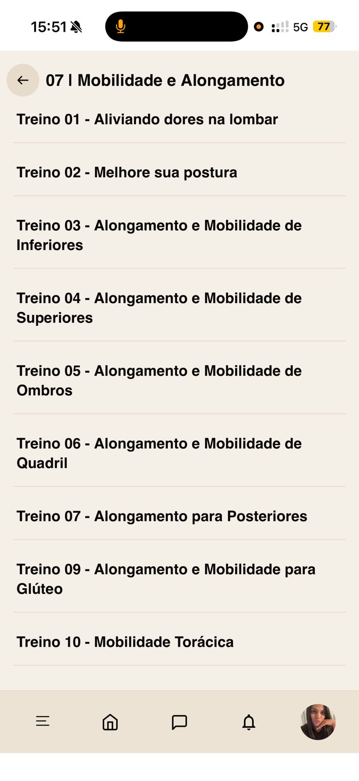Print da tela de treino do aplicativo